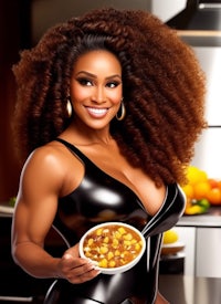 a black woman in a leather dress holding a bowl of soup